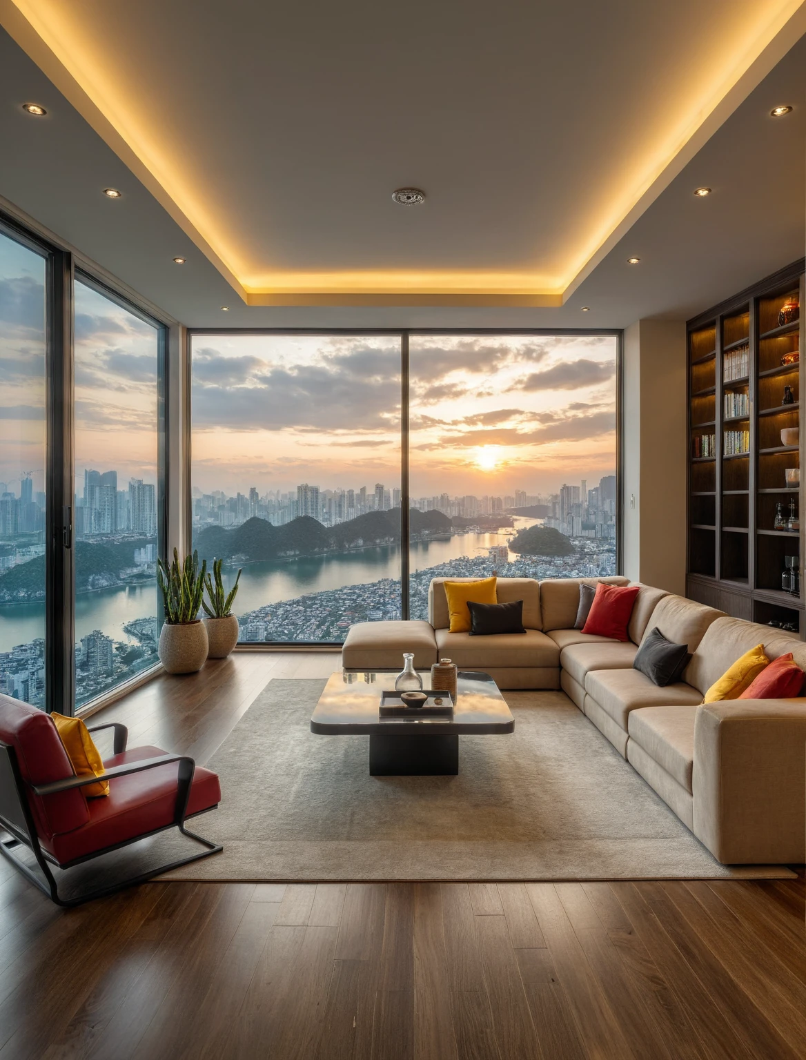 Raw photo,Masterpiece, high quality, best quality, authentic, super detail, interior, livingroom style modern luxury, sunset, day light, sofa, tea table, carpet, flower vase on tea table, wine bottle, tray, armchair, wine cabinet, books, glass cabinet doors, snake plant pot, halong bay view window, downlight