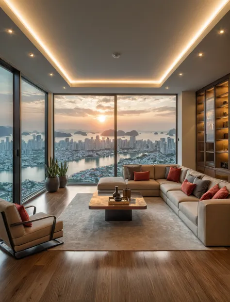 raw photo,masterpiece, high quality, best quality, authentic, super detail, interior, livingroom style modern luxury, sunset, da...