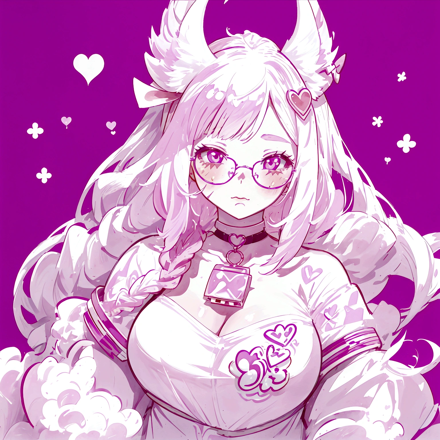 "IMVU, pink hair, pink heart eyes, white round glasses, pale skin, white and pink cow ears, white horns with pink bows, fuzzy white jacket with pink spots, pink cowbell choker, kawaii, soft, high quality, masterpiece, 8k, large breasts, showing cleavage