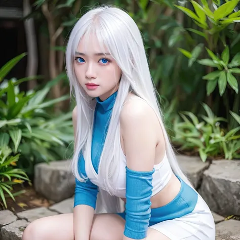 Korean girl, white long hair with bangs, icy blue eyes, white skin, white skimpy ninja suit, video game style, mortal kombat sty...