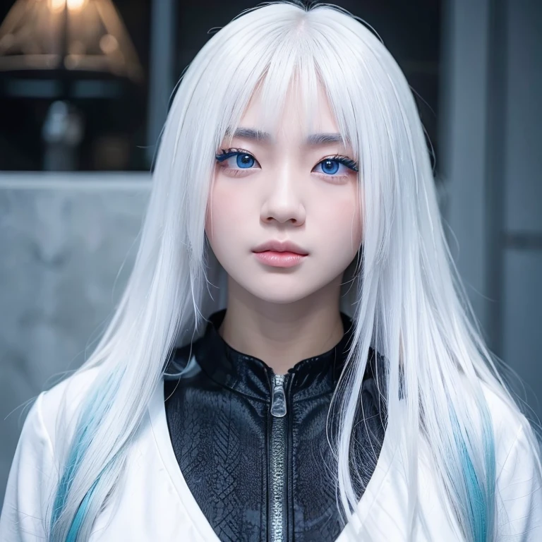 Korean girl, white long hair with bangs, icy blue eyes, white skin, white skimpy ninja suit, video game style, mortal kombat style