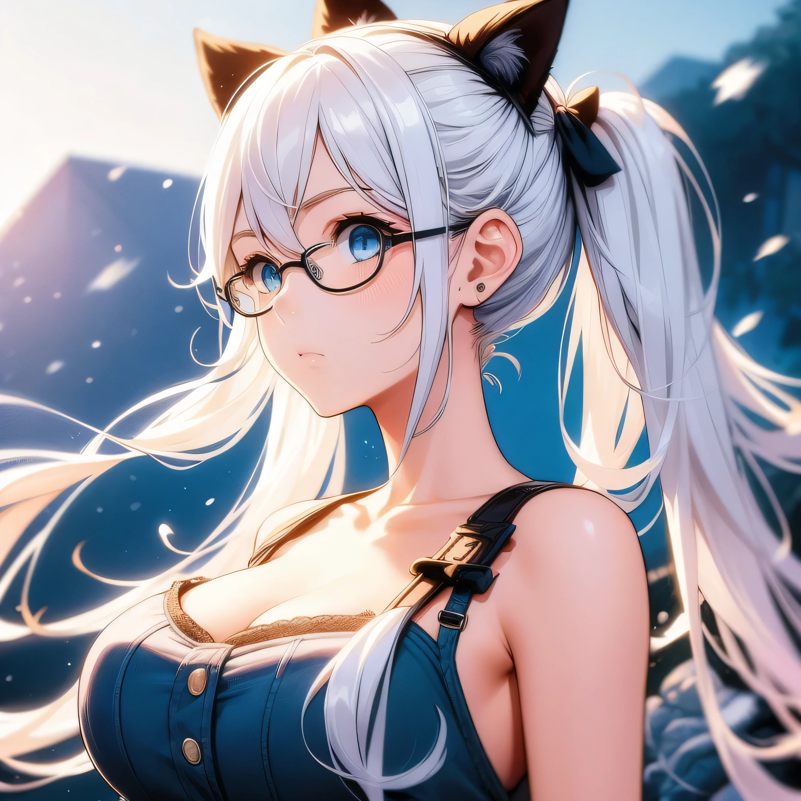 adult anime girl, white hair pigtails, black ribbons, blushing, blue eyes, white cat ears, blue diamond earings 8k, high res, 1 girl, good lighting, fine detail, fur jacket and blue jeans, glasses, red glove on right hand (masterpiece), perfect face, best quality, looking at view, snowing
