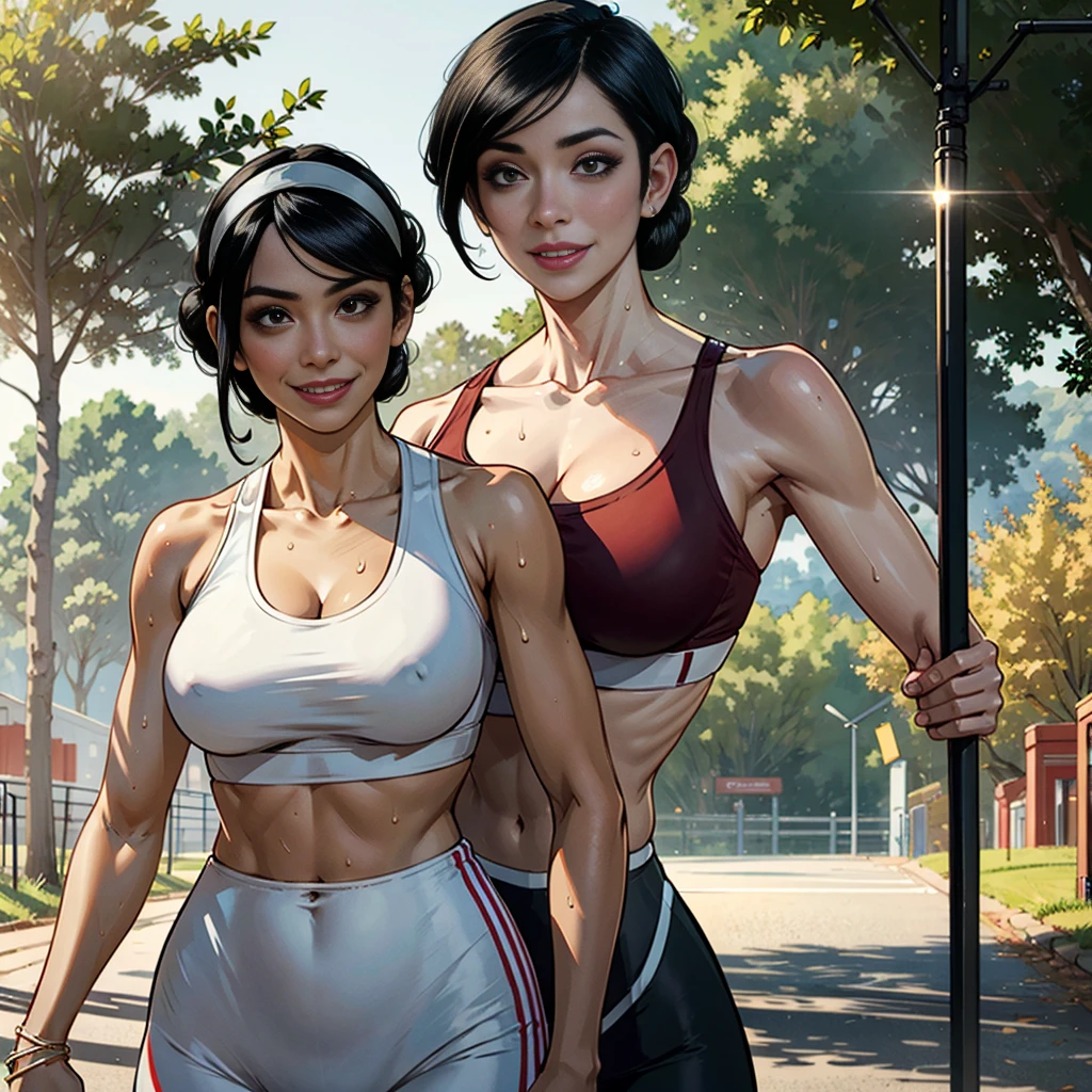 MarArtistA,black hair,side bang, red eyes,hair behind ears, low hair bun, hair band,sports bra,cleavage,smile,sweat,,maturefemale,(emotionless:0), hands down along her body, smile , background is park road, background ispark road with trees ,(breasts out:0),(nipples:0),detailed eyes, gymleggings