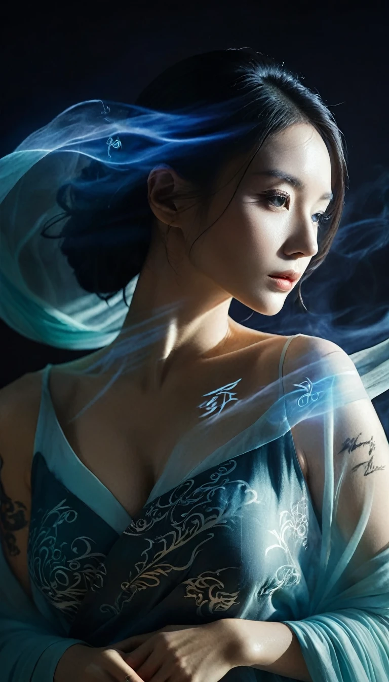 Double Exposure Style,Volumetric Lighting,a girl (Supermodel) with Wrap top,arching her back, beautiful tattoo, Traditional Attire,Artistic Calligraphy and Ink,light depth,dramatic atmospheric lighting,Volumetric Lighting,double image ghost effect,image combination,double exposure style,