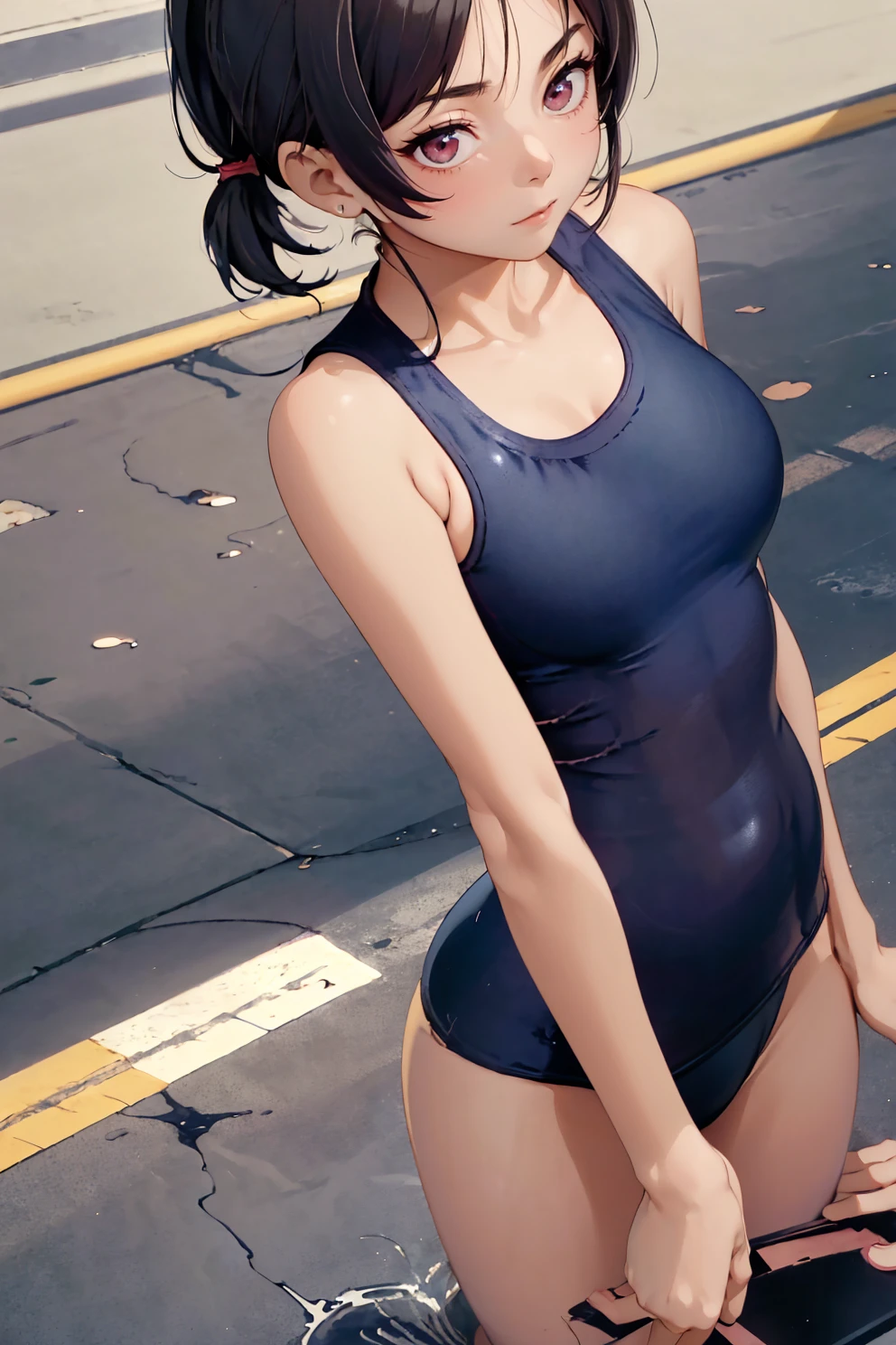 Highest quality、Complete limbs、Full Finger、Black-haired woman、Woman with ponytail、Short Hair Woman、Beautiful busty woman:1.5、(A woman wearing a navy blue one-piece school swimsuit:1.5)、bare hands、barefoot、Sexy pose,(((rubber school swimsuit))),pool