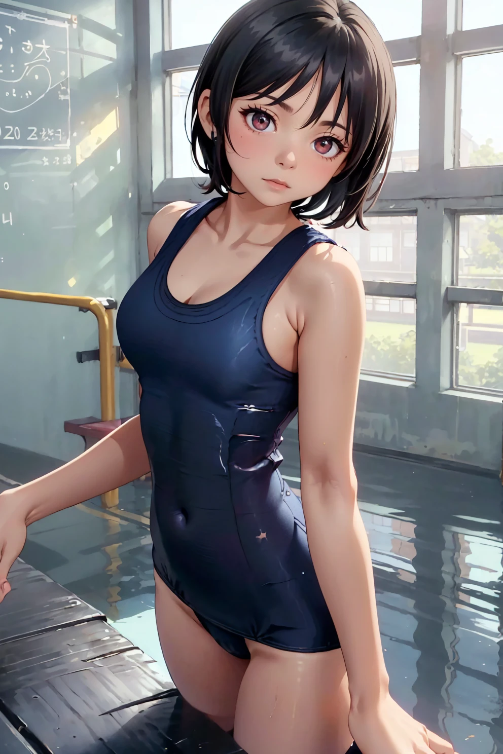 Highest quality、Complete limbs、Full Finger、Black-haired woman、Woman with ponytail、Short Hair Woman、Beautiful busty woman:1.5、(A woman wearing a navy blue one-piece school swimsuit:1.5)、bare hands、barefoot、Sexy pose,(((rubber school swimsuit))),pool