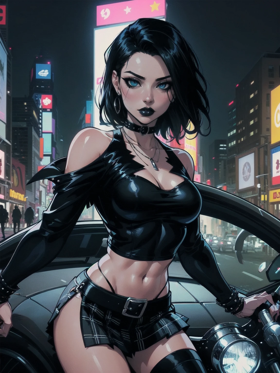 a woman with medium black hair, hair on shoulders,  wearing plaid skirt, black jacket,  blue eyes, gothic art, cute aesthetic with vibe, toon aesthetic, wearing gothic accessories, look like Cassie Hack, upper body, driving on the motocicle, times square background, dinamic poses