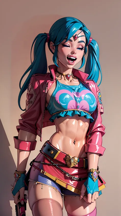 Harley Quinn, 1girl, solo, long hair, breasts, smile, open mouth, skirt, thighhighs, gloves, navel, holding, twintails, jewelry,...