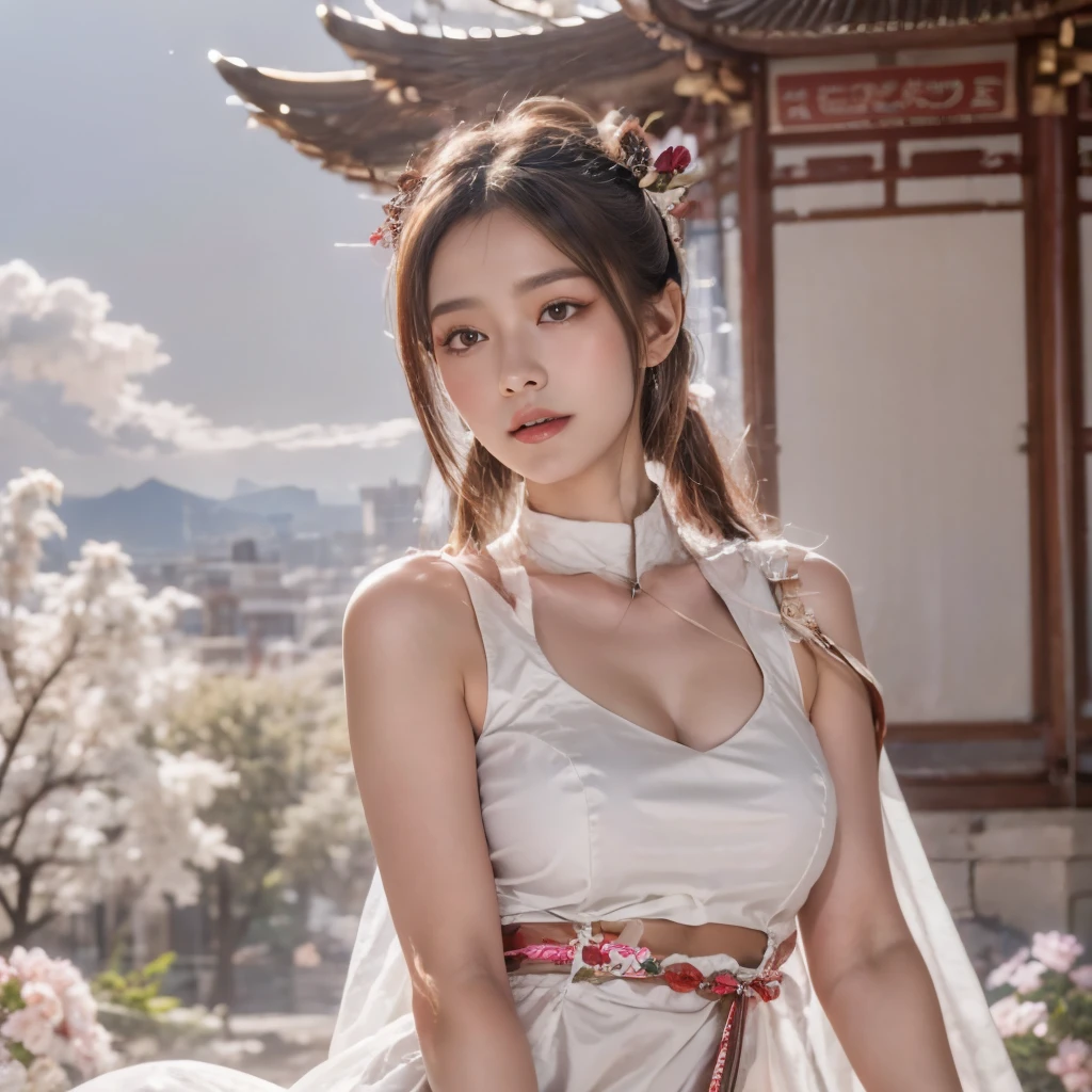 Blue sky and white clouds，Mountains in the distance、tower and many people，Pink flowers，Cherry tree，Hanfu woman,Phoenix crown tiara、Fine embroidery、穿Hanfu裤袜、Hanfu、穿长袖Hanfu、The legs are transparent and clearly visible、Look and、Exposed oversized breasts、Raw,(8K、Top quality、masterpiece:1.8)、(Intricate details:1.8)、(Reality:1.8)、Octane Rendering、Complex 3D rendering with ultra-details, Studio soft light, Side light, Vivid details, Super Detail, Realistic skin texture, Details, beautiful eyes, Highly detailed CG Unity 16k wallpaper, cosmetic, (Detailed background:2.0), Clear your fingers，Beautiful fingers，Radiant skin、Spread your legs，Camel toe showing thigh!!!、