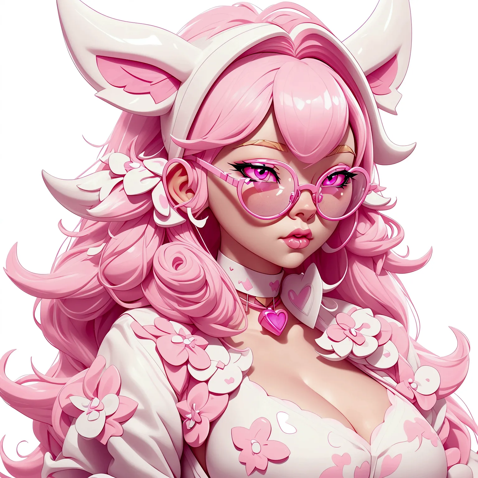 "IMVU, pink hair, pink heart eyes, white round glasses, pale skin, white and pink cow ears, white horns with pink bows, fuzzy wh...