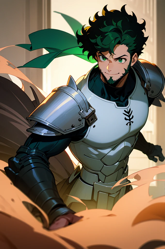 dark green hair, green eyes, smiling, curly hair, mature male, lean build, white shirt, short length hair, on the street, red and black hero suit, armor paddings on body, armor on chest, bearded, mature