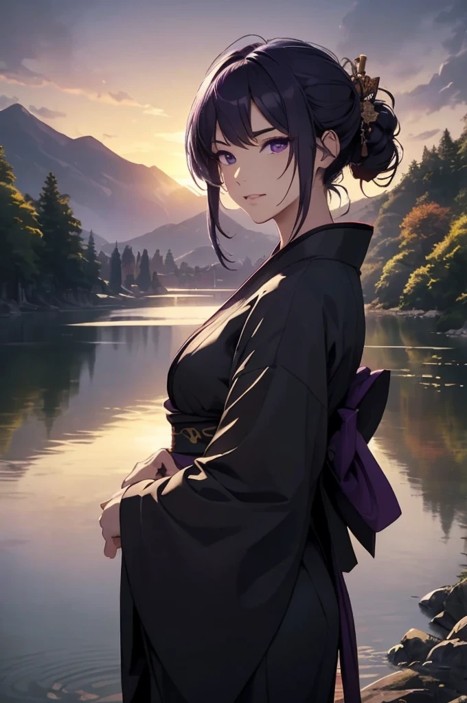 cowboy shot, serious girl, 1girl, kimono , covering body ,long black hair, hime cut, fringe ((bandaged chest)),(sarashi), black sash, (((hadanugi dousa))),(single bare shoulder), (black and purple short kimono),bare legs, ((high heels)), (standing naturally:1.5), long legs, tall, full body, outdoors, ((bamboo forest)), rock path, (river) , ((sunset landscape))