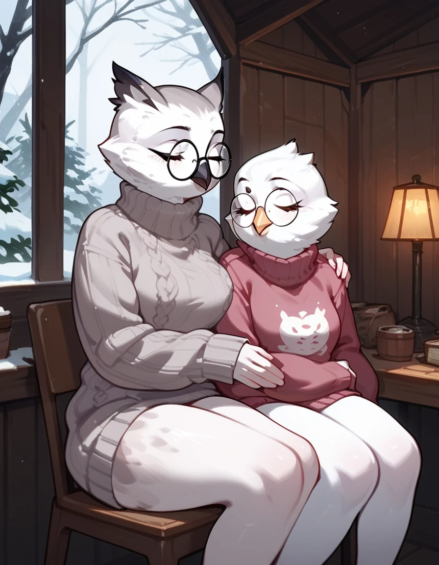 score_9,score_8_up,score_7_up, an Anthro avian snow owl, white and black female snow owl, beak, tall, naked, closed eyes, big round glasses, only wearing wearing black turtle neck sweater, sitting on a cozy chair, in an cabin, 