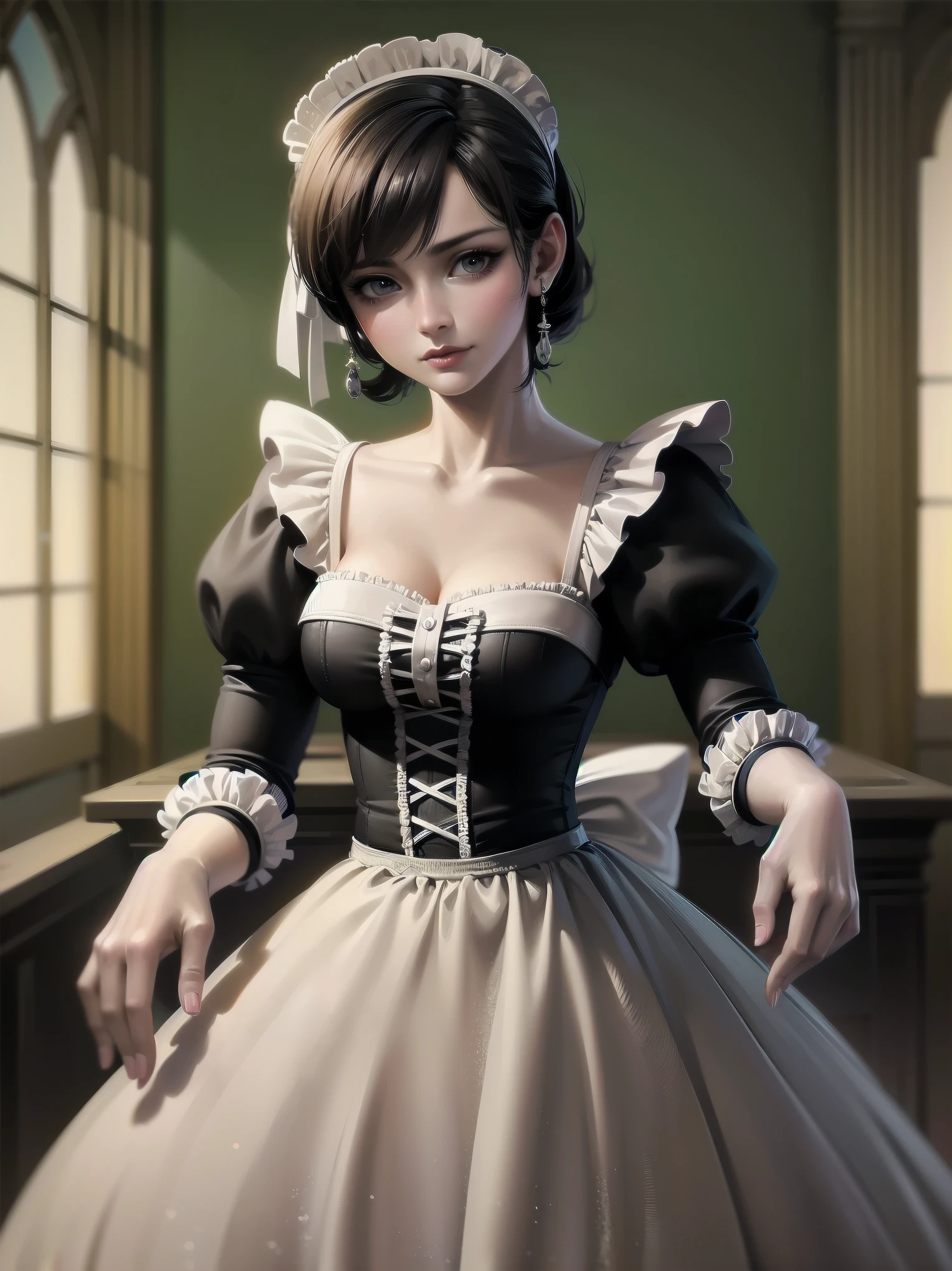 (Highest quality、16K、masterpiece、Ultra-high resolution、Victorian era、Photorealistic:1.2)、Maid Lady、solo、One person、Beautiful and detailed、２０２Perfectly detailed illustrations created by master anime illustrators of the 4th generation、Cool Beauty、Heroine&#39;s Attributes、Artistic shading、Perfect Face、Detailed portrait、
