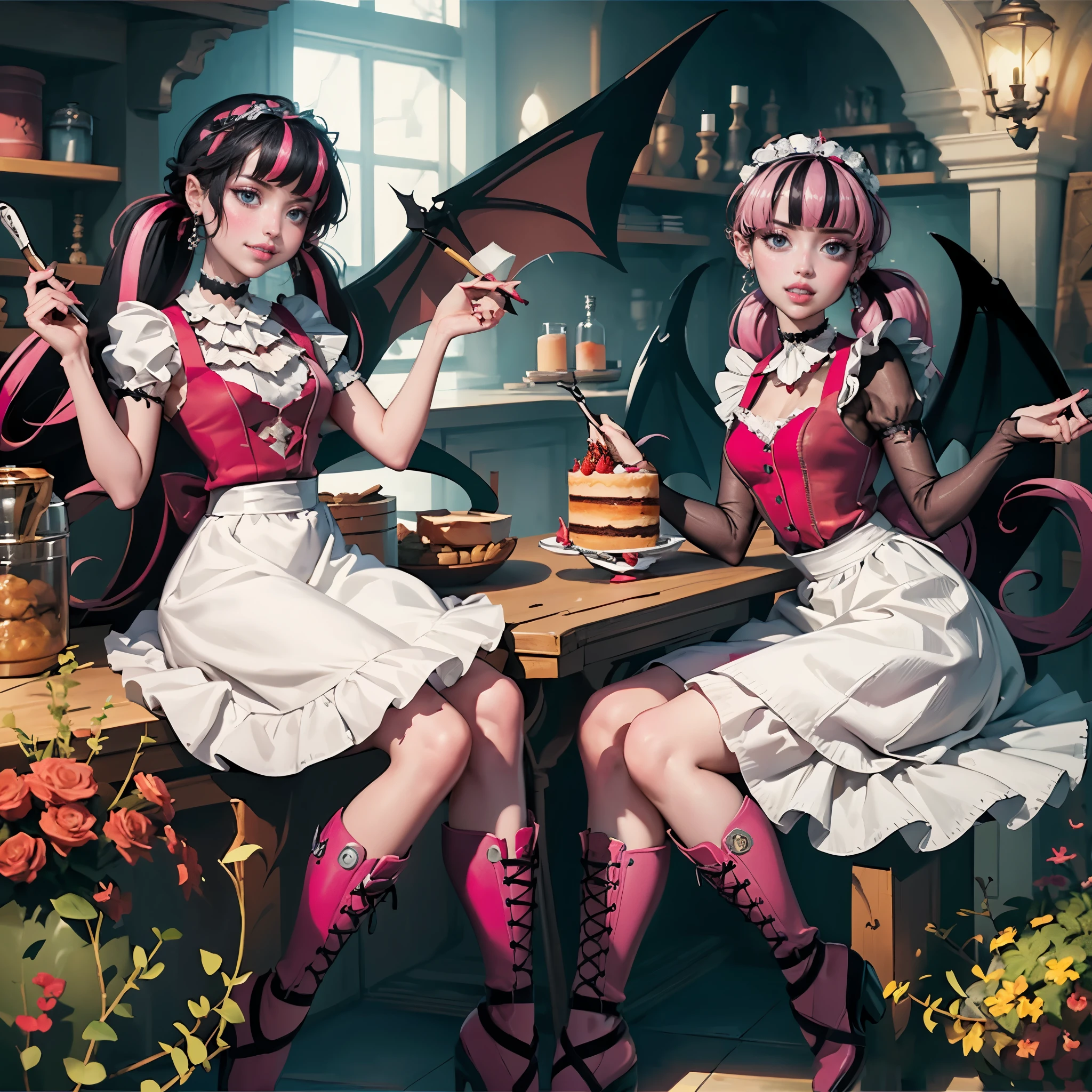 1 girl, a girl with bat wings, holding a pastry brush, succubus, bakery, a cake on focus, cake with strawberrys and red roses, bat choker, necklace, centered, solo, alone, bat jewelry, medieval castle scenery, Pink bat Jewelry, smile, vampire fangs, (looking at viewer), Draculaura_MH, wavy hair, Alone, half black hair, half pink hair, multicolored hair, long hair, braided hair, gothic scenery, medieval style, maid dress, white apron, maid apron, maid headdress, white skirt, solo, alone, centered, pink knee boots, smiling, in kitchen, kitchen, black lanterns, stand up close to window, depth of field, film composition, ((high quality)), ((artwork)), (More details), maid dress, black maid headdress, black maid apron, bat wings, white dress, black dress with transparency, pink laces, pink gloves, solo, alone, centered, black high socks , boots of high hills, bat jewel, jewel, sit on the grass, dark red roses in focus, Draculaura_(school of monsters), school of monsters, Looking at the viewer, alone, solo, centered, More details on the clothes,