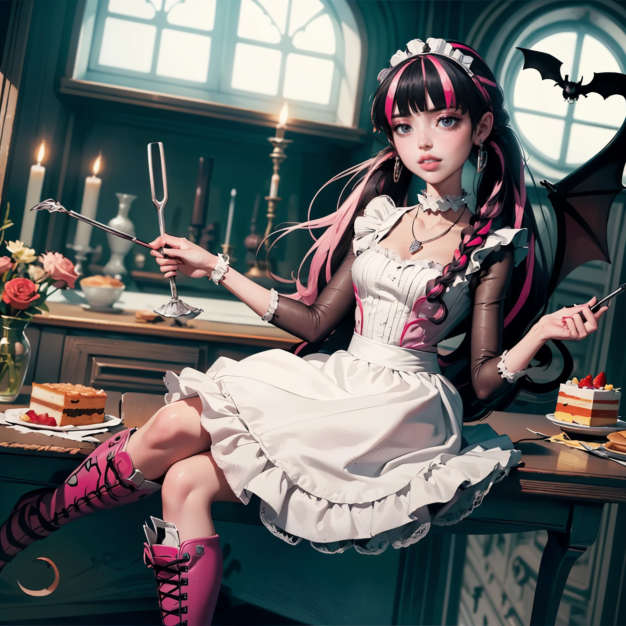 1 girl, a girl with bat wings, holding a pastry brush, succubus, bakery, a cake on focus, cake with strawberrys and red roses, bat choker, necklace, centered, solo, alone, bat jewelry, medieval castle scenery, Pink bat Jewelry, smile, vampire fangs, (looking at viewer), Draculaura_MH, wavy hair, Alone, half black hair, half pink hair, multicolored hair, long hair, braided hair, gothic scenery, medieval style, maid dress, white apron, maid apron, maid headdress, white skirt, solo, alone, centered, pink knee boots, smiling, in kitchen, kitchen, black lanterns, stand up close to window, depth of field, film composition, ((high quality)), ((artwork)), (More details), maid dress, black maid headdress, black maid apron, bat wings, white dress, black dress with transparency, pink laces, pink gloves, solo, alone, centered, black high socks , boots of high hills, bat jewel, jewel, sit on the grass, dark red roses in focus, Draculaura_(school of monsters), school of monsters, Looking at the viewer, alone, solo, centered, More details on the clothes,