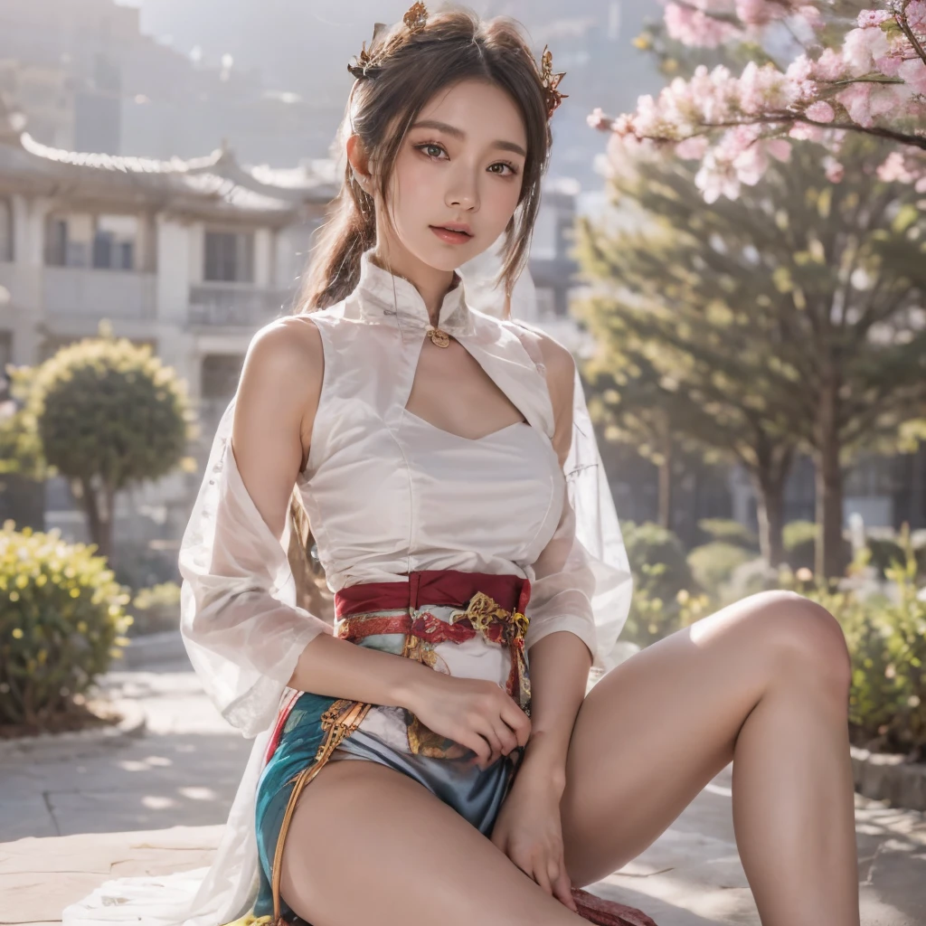 Blue sky and white clouds，Mountains in the distance、tower and many people，Pink flowers，Cherry tree，Hanfu woman,Phoenix crown tiara、Fine embroidery、穿Hanfu裤袜、Hanfu、穿长袖Hanfu、The legs are transparent and clearly visible、Look and、Exposed oversized breasts、Raw,(8K、Top quality、masterpiece:1.8)、(Intricate details:1.8)、(Reality:1.8)、Octane Rendering、Complex 3D rendering with ultra-details, Studio soft light, Side light, Vivid details, Super Detail, Realistic skin texture, Details, beautiful eyes, Highly detailed CG Unity 16k wallpaper, cosmetic, (Detailed background:2.0), Clear your fingers，Beautiful fingers，Radiant skin、Spread your legs，Camel toe showing thigh!!!、