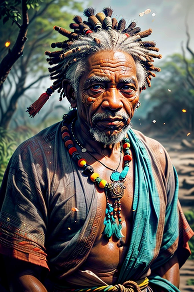 colorful chaos, vivid colors, striking visual design, (1man, wrinkled face, old  male:1.2), wise,  turquoise eyes, gray hair, scissor cut,
Style-GravityMagic, portrait, solo, half shot, detailed background, detailed face, (zulupunkai, zulu theme:1.1),  wise,  tribal witchdoctor shaman, mystical, black  clothes, beads, totem, amulet,    floating particles, embers, nature in background,   ethereal atmosphere,