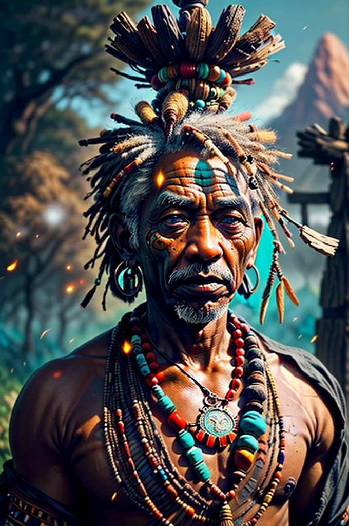 colorful chaos, vivid colors, striking visual design, (1man, wrinkled face, old  male:1.2), wise,  turquoise eyes, gray hair, scissor cut,
Style-GravityMagic, portrait, solo, half shot, detailed background, detailed face, (zulupunkai, zulu theme:1.1),  wise,  tribal witchdoctor shaman, mystical, black  clothes, beads, totem, amulet,    floating particles, embers, nature in background,   ethereal atmosphere,