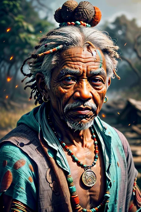 colorful chaos, vivid colors, striking visual design, (1man, wrinkled face, old  male:1.2), wise,  turquoise eyes, gray hair, sc...