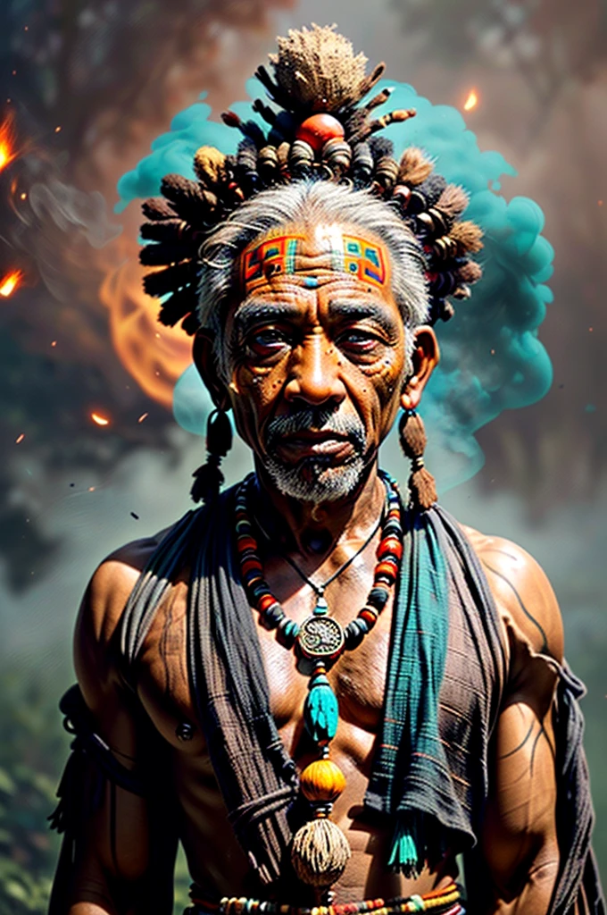 colorful chaos, vivid colors, striking visual design, (1man, wrinkled face, old  male:1.2), wise,  turquoise eyes, gray hair, scissor cut,
Style-GravityMagic, portrait, solo, half shot, detailed background, detailed face, (zulupunkai, zulu theme:1.1),  wise,  tribal witchdoctor shaman, mystical, black  clothes, beads, totem, amulet,    floating particles, embers, nature in background,   ethereal atmosphere,