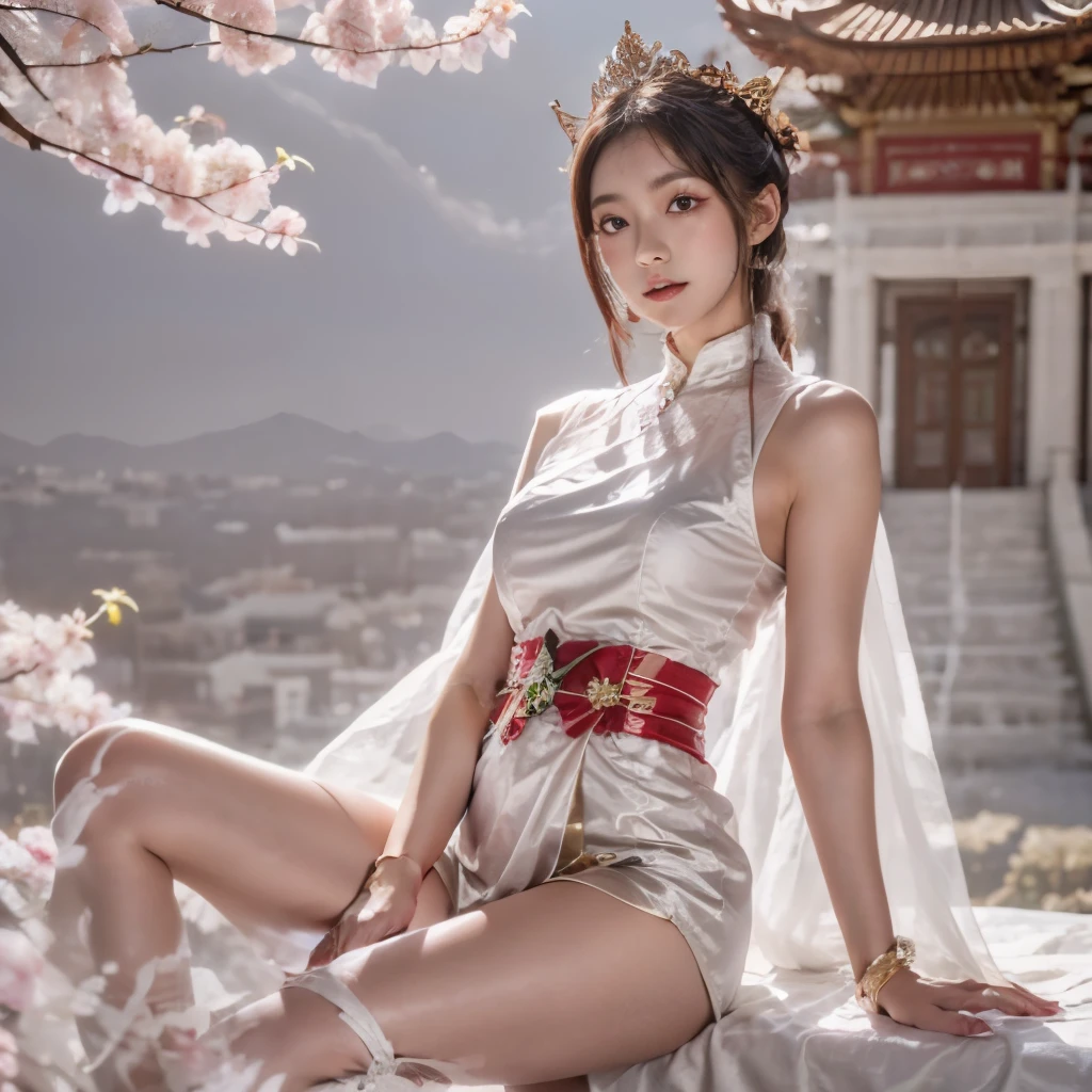 Blue sky and white clouds，Mountains in the distance、tower and many people，Pink flowers，Cherry tree，Hanfu woman,Phoenix crown tiara、Fine embroidery、穿Hanfu裤袜、Hanfu、穿长袖Hanfu、The legs are transparent and clearly visible、Look and、Exposed oversized breasts、Raw,(8K、Top quality、masterpiece:1.8)、(Intricate details:1.8)、(Reality:1.8)、Octane Rendering、Complex 3D rendering with ultra-details, Studio soft light, Side light, Vivid details, Super Detail, Realistic skin texture, Details, beautiful eyes, Highly detailed CG Unity 16k wallpaper, cosmetic, (Detailed background:2.0), Clear your fingers，Beautiful fingers，Radiant skin、Spread your legs，Camel toe showing thigh!!!、