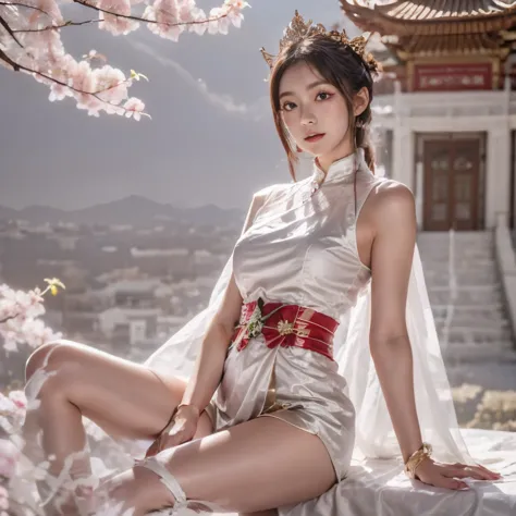 Blue sky and white clouds，Mountains in the distance、tower and many people，Pink flowers，Cherry tree，Hanfu woman,Phoenix crown tia...