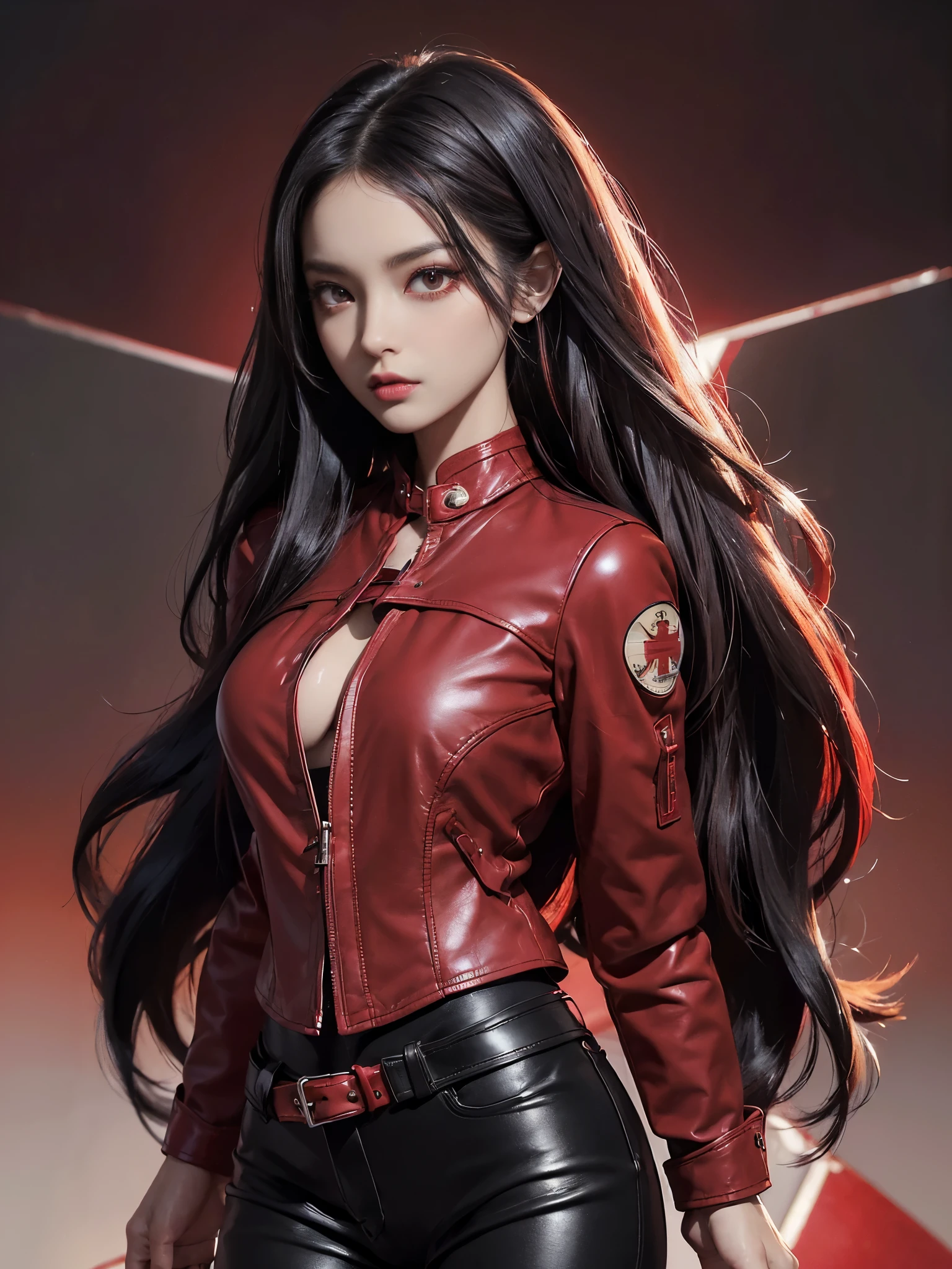 (best quality,4k,high resolution), Cool Girl、((Long straight black hair with red highlights、Red Jacket，Beautifully decorated、Umbilicus、Cross straps、Tight leather pants、))、Full body projection、Buttons、Battle scenes、Sharp eyes、glare、Red Eyeliner、Long eyelashes、Beautiful red eyes、Funny description、Kawaii illustration、Bustling background、