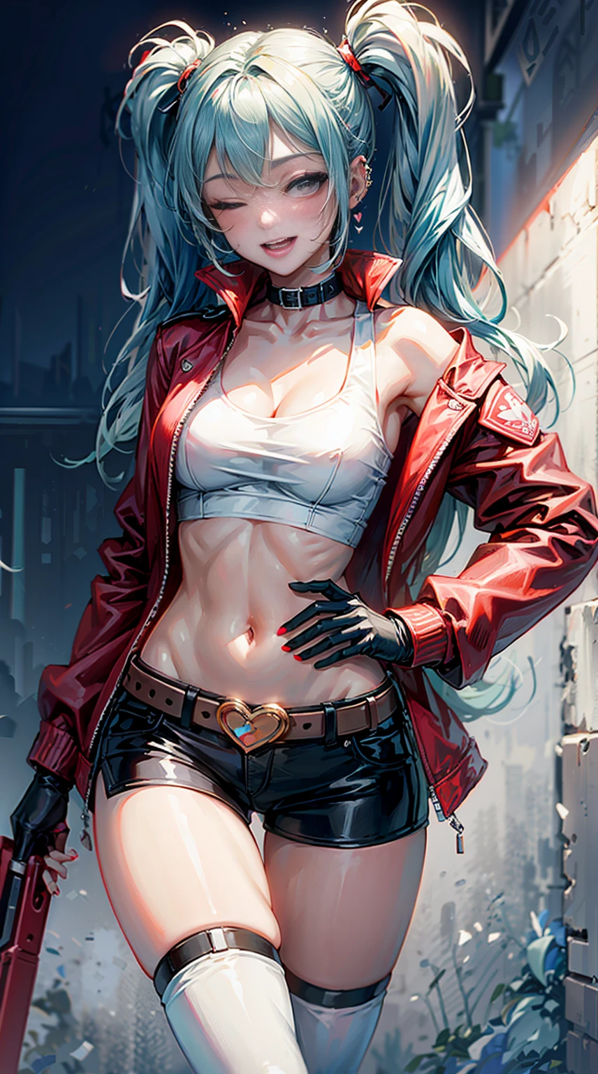 Harley Quinn, 1girl, solo, long hair, breasts, smile, open mouth, skirt, thighhighs, gloves, navel, holding, twintails, jewelry, blue hair, jacket, weapon, pink hair, heart, multicolored hair, one eye closed, shorts, midriff, belt, miniskirt, fingerless gloves, nail polish, crop top, gun, short shorts, makeup, piercing, lipstick, pale skin, red jacket, handgun, eyeshadow, revolver, heart tattoo, studded belt, shiny skin, specular highlights,big 