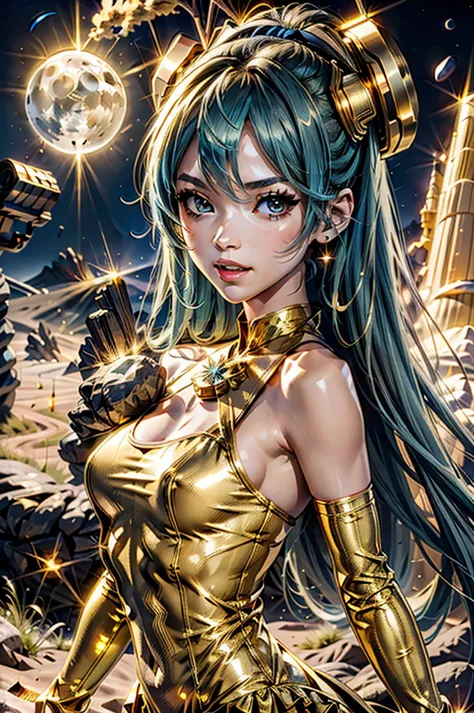 (GoldPyriteWorld:0.9), 1woman sexy skinny in black dress fighting with a monster on the moon, Hatsune Miku,
