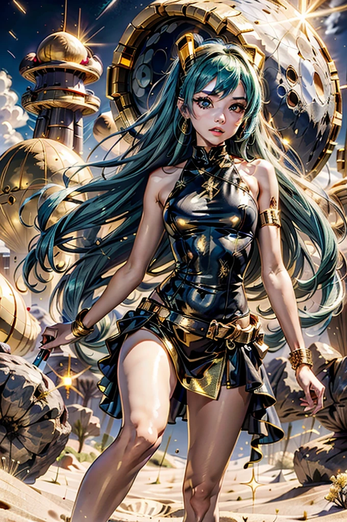 (GoldPyriteWorld:0.9), 1 sexy dünne Frau im schwarzen Kleid kämpft mit einem Monster auf dem Mond, Hatsune Miku,