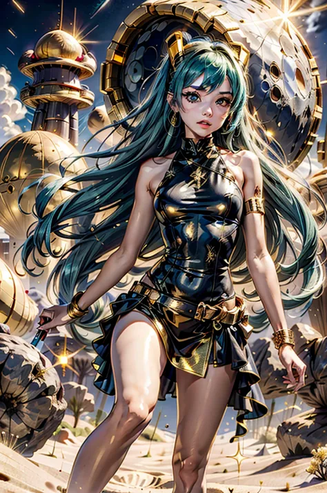 (goldpyriteworld:0.9), 1woman sexy skinny in black dress fighting with a monster on the moon, hatsune miku,