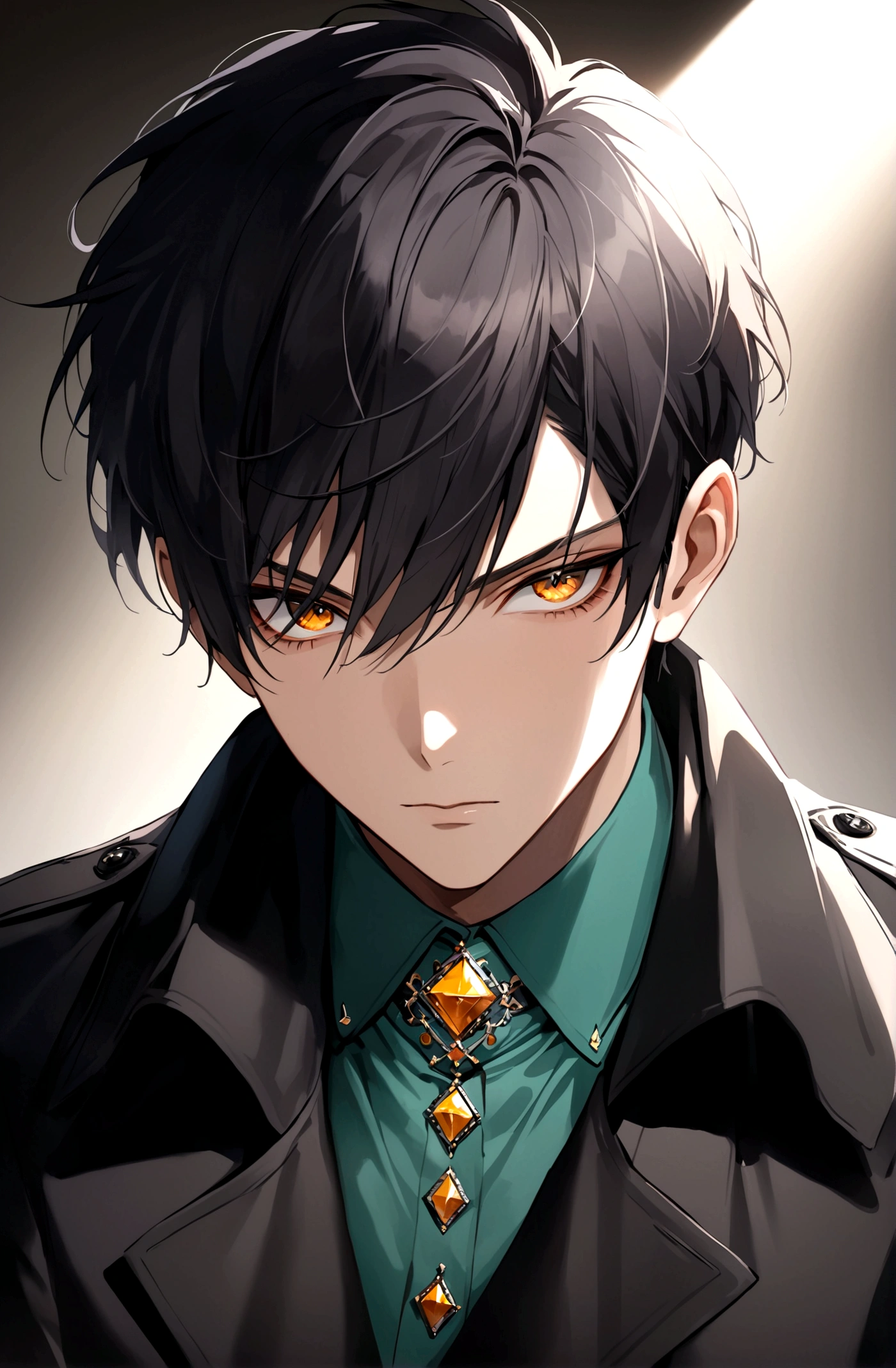 Poker face,Exquisite facial features,Young male，Black trench coat