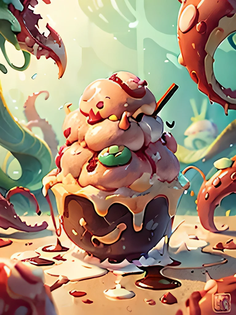 Ilustración de dibujos animados de un cupcake con un pulpo gigante dentro -  SeaArt AI