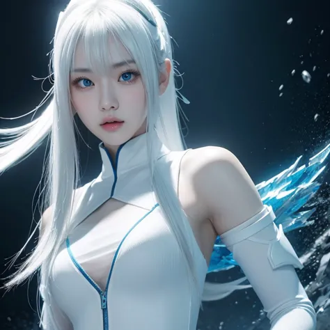 korean girl, white long hair with bangs, icy blue eyes, white skin, white skimpy ninja suit, video game style, mortal kombat sty...