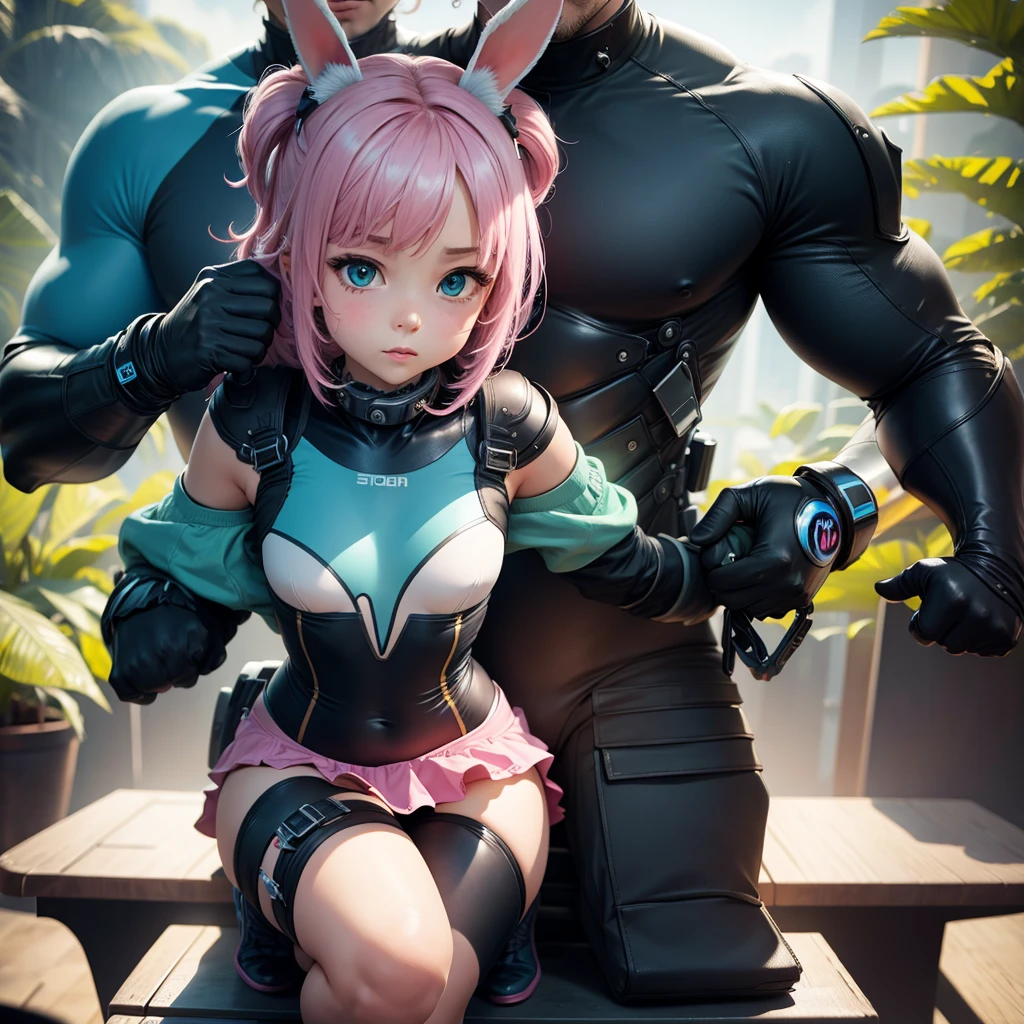 (masterpiece), (best quality), (high res) Solo, (perfect anatomy), (young girl (10 years old), fair skin, pink hair (shoulder length), green eyes, (bunny ears) (skin tight swimsuit), (blue high heels boots), (shirt), (super tight mini skirt), flustered, blushed, flat chest in a futuristic car setting with a green light, cyberpunk, cyber suit, best anime 4k, cybersuits, being fucked inside a car full of people, Dog Collar, being groomed, being groped