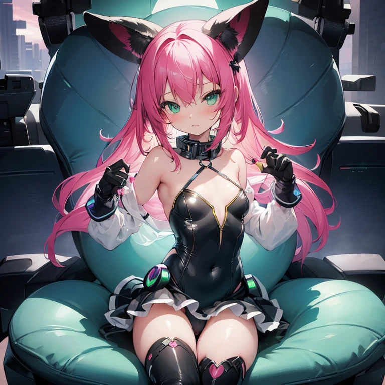 (masterpiece), (best quality), (high res) Solo, (perfect anatomy), (young girl (10 years old), fair skin, pink hair (shoulder length), green eyes, (bunny ears) (skin tight swimsuit), (blue high heels boots), (shirt), (super tight mini skirt), flustered, blushed, flat chest in a futuristic car setting with a green light, cyberpunk, cyber suit, best anime 4k, cybersuits, being fucked inside a car full of people, Dog Collar, being groomed, being groped