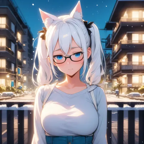 adult anime girl, white hair pigtails, black ribbons, blushing, blue eyes, white cat ears, 8k, high res, 1 girl, good lighting, ...