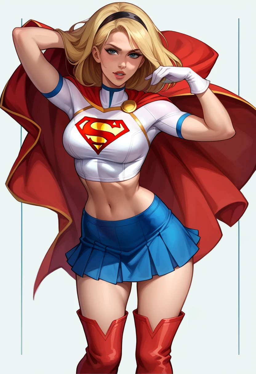 score_9, score_8_up, score_7_up, source_cartoon, BREAK 1girl, solo, Supergirl \(DC Animated Universe\), (long blonde hair:1.2), (black hairband:1.2), (white crop top, short sleeves:1.2), (short red cape:1.2), (short tight blue stretch skirt:1.2), (white gloves:1.2), (red boots:1.2), looking at viewer, parted lips, mature woman, hot, in her bedroom, model poses.