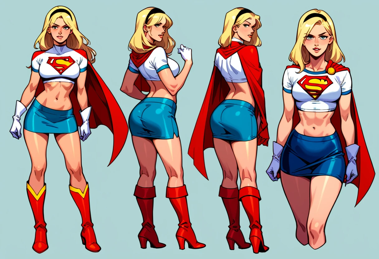 score_9, score_8_up, score_7_up, source_cartoon, BREAK 1girl, solo, Supergirl \(DC Animated Universe\), (long blonde hair:1.2), (black hairband:1.2), (white crop top, short sleeves:1.2), (short red cape:1.2), (short tight blue stretch skirt:1.2), (white gloves:1.2), (red boots:1.2), looking at viewer, parted lips, mature woman, hot, in her bedroom, model poses.