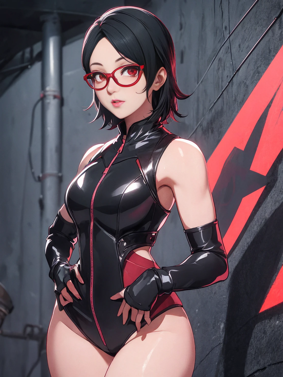 1girl, solo, black hair, short hair, Red eyes, frameless glasses, closeup shot,, detailed art. Curved hips, Thick thighs,, bare shoulders, scary basement background,, facing viewer, hands on hips, shiny hair, sexy hips. Dark pink painted lips, wet skin, (extremely detailed face), behind, 8K resolution, super detailed, high quality, heart shaped lips. K-pop pose