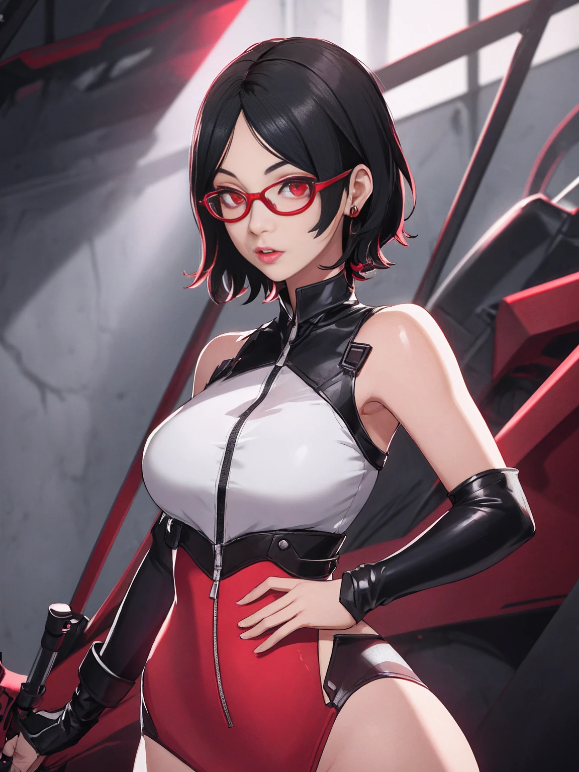 1girl, solo, black hair, short hair, Red eyes, frameless glasses, closeup shot,, detailed art. Curved hips, Thick thighs,, bare shoulders, scary basement background,, facing viewer, hands on hips, shiny hair, sexy hips. Dark pink painted lips, wet skin, (extremely detailed face), behind, 8K resolution, super detailed, high quality, heart shaped lips. K-pop pose