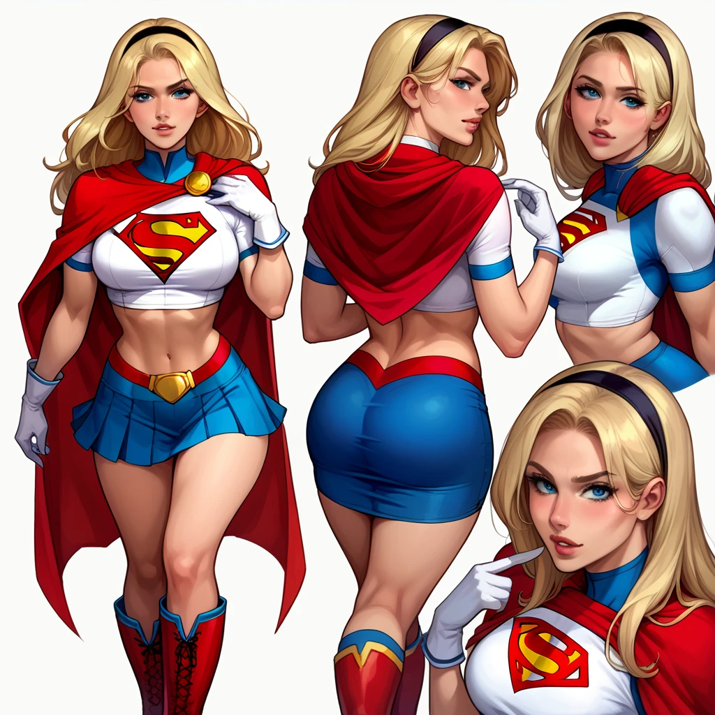 score_9, score_8_up, score_7_up, source_cartoon, BREAK 1girl, solo, Supergirl \(DC Animated Universe\), (long blonde hair:1.2), (black hairband:1.2), (white crop top, short sleeves:1.2), (short red cape:1.2), (short tight blue stretch skirt:1.2), (white gloves:1.2), (red boots:1.2), looking at viewer, parted lips, mature woman, hot, in her bedroom, model poses.