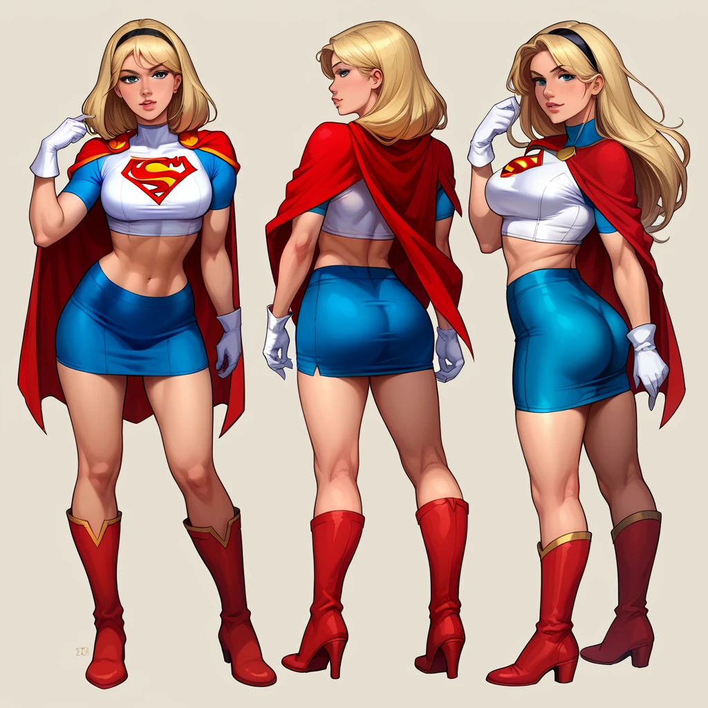 score_9, score_8_up, score_7_up, source_cartoon, BREAK 1girl, solo, Supergirl \(DC Animated Universe\), (long blonde hair:1.2), (black hairband:1.2), (white crop top, short sleeves:1.2), (short red cape:1.2), (short tight blue stretch skirt:1.2), (white gloves:1.2), (red boots:1.2), looking at viewer, parted lips, mature woman, hot, in her bedroom, model poses.