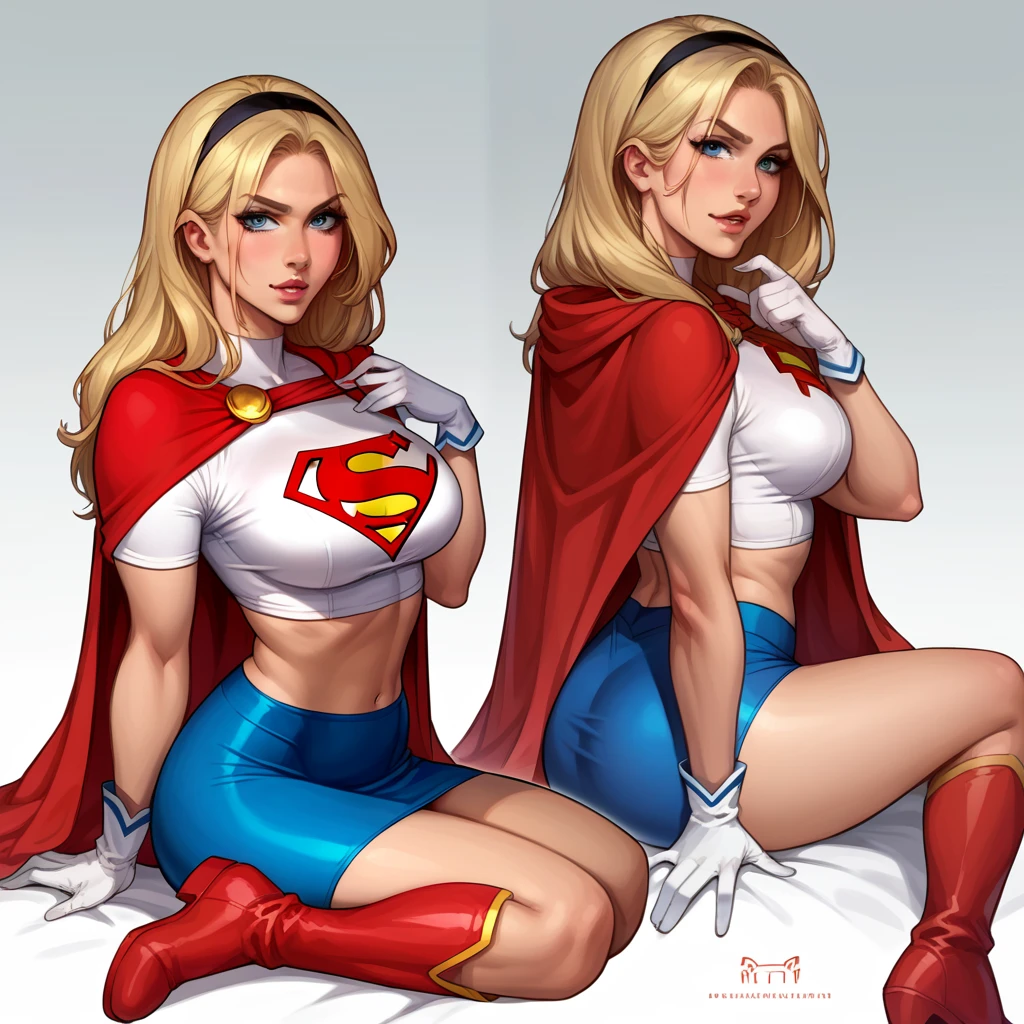 score_9, score_8_up, score_7_up, source_cartoon, BREAK 1girl, solo, Supergirl \(DC Animated Universe\), (long blonde hair:1.2), (black hairband:1.2), (white crop top, short sleeves:1.2), (short red cape:1.2), (short tight blue stretch skirt:1.2), (white gloves:1.2), (red boots:1.2), looking at viewer, parted lips, mature woman, hot, in her bedroom, model poses.