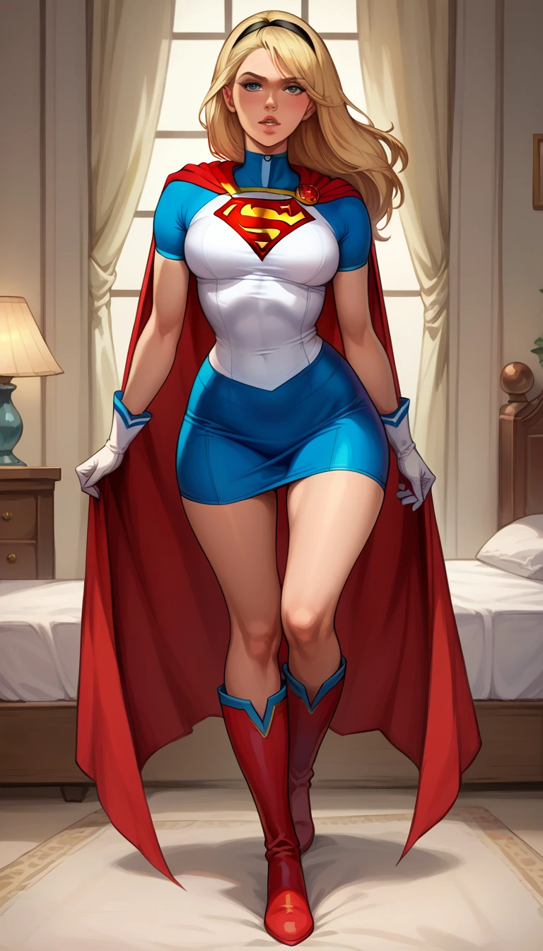 score_9, score_8_up, score_7_up, source_cartoon, BREAK 1girl, solo, Supergirl \(DC Animated Universe\), (long blonde hair:1.2), (black hairband:1.2), (white crop top, short sleeves:1.2), (short red cape:1.2), (short tight blue stretch skirt:1.2), (white gloves:1.2), (red boots:1.2), looking at viewer, parted lips, mature woman, hot, in her bedroom, model poses.