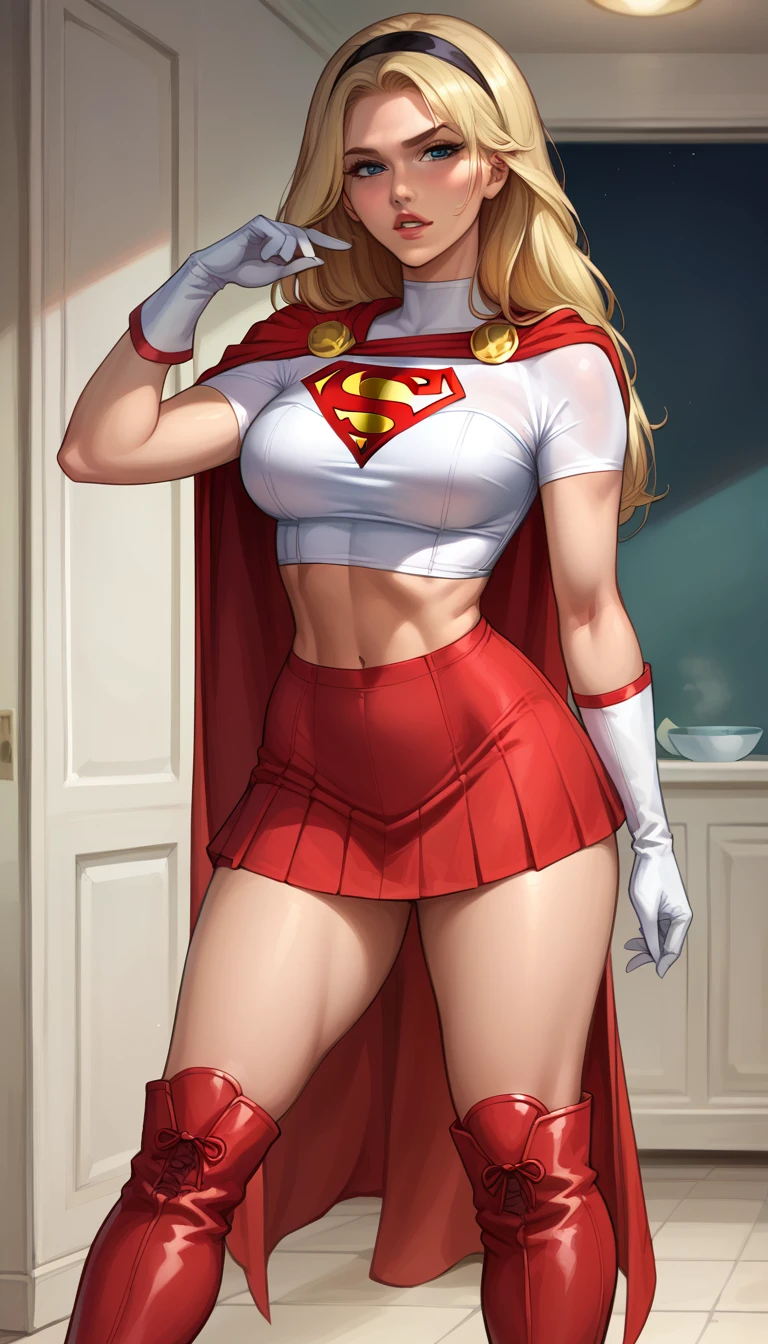 score_9, score_8_up, score_7_up, source_cartoon, BREAK 1girl, solo, Supergirl \(DC Animated Universe\), (long blonde hair:1.2), (black hairband:1.2), (white crop top, short sleeves:1.2), (short red cape:1.2), (short tight blue stretch skirt:1.2), (white gloves:1.2), (red boots:1.2), looking at viewer, parted lips, mature woman, hot, in her bedroom, model poses.