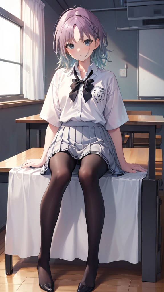 (8K、Best image quality、Highest quality、masterpiece)、One tall girl、((whole body))、Sit on the floor with your legs spread、White panties are visible、Long Hair、Wavy Hair、blush、Medium Bust、White collared shirt、Short sleeve、((Checkered pleated mini skirt))、Classroom Background、((black tights))、Black Pantyhose、((No shoes))