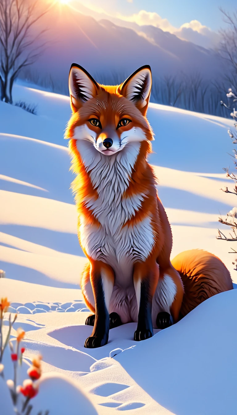 Wild red fox, sitting against the backdrop of snowy fields. Setting sun. looks at the viewer. High quality 4k. realistic. Very fluffy. Athletic.