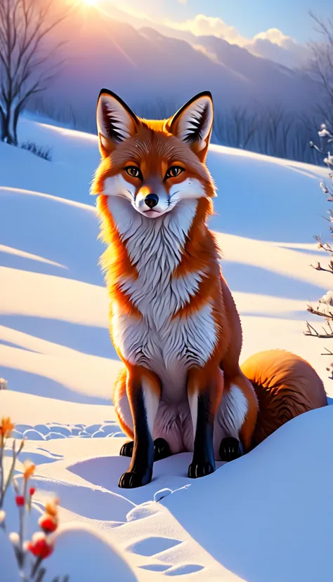 wild red fox, sitting against the backdrop of snowy fields. setting sun. looks at the viewer. high quality 4k. realistic. very f...